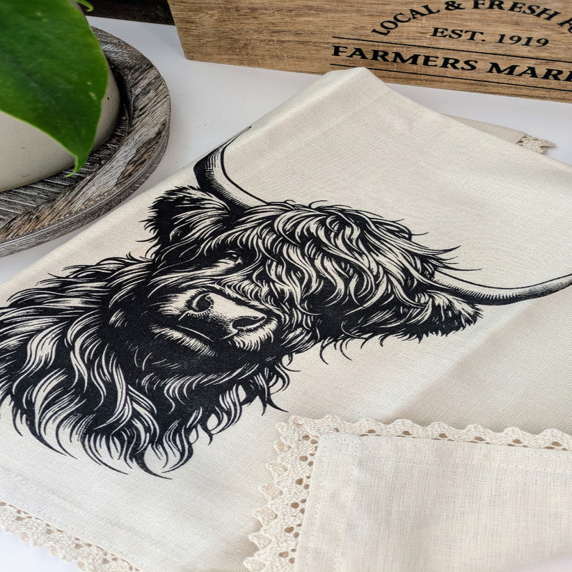 Organic Tea Towel Highland Cow