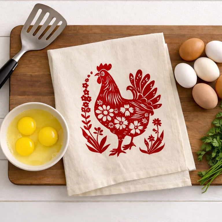 Organic Tea Towel Red Chicken
