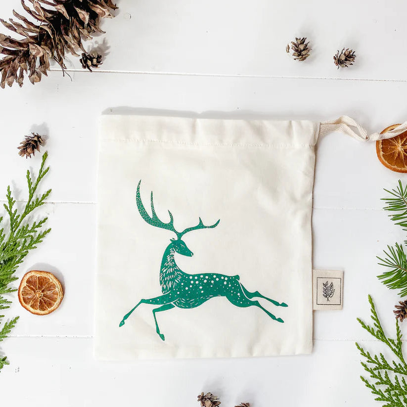 Bag Drawstring Small Green Deer
