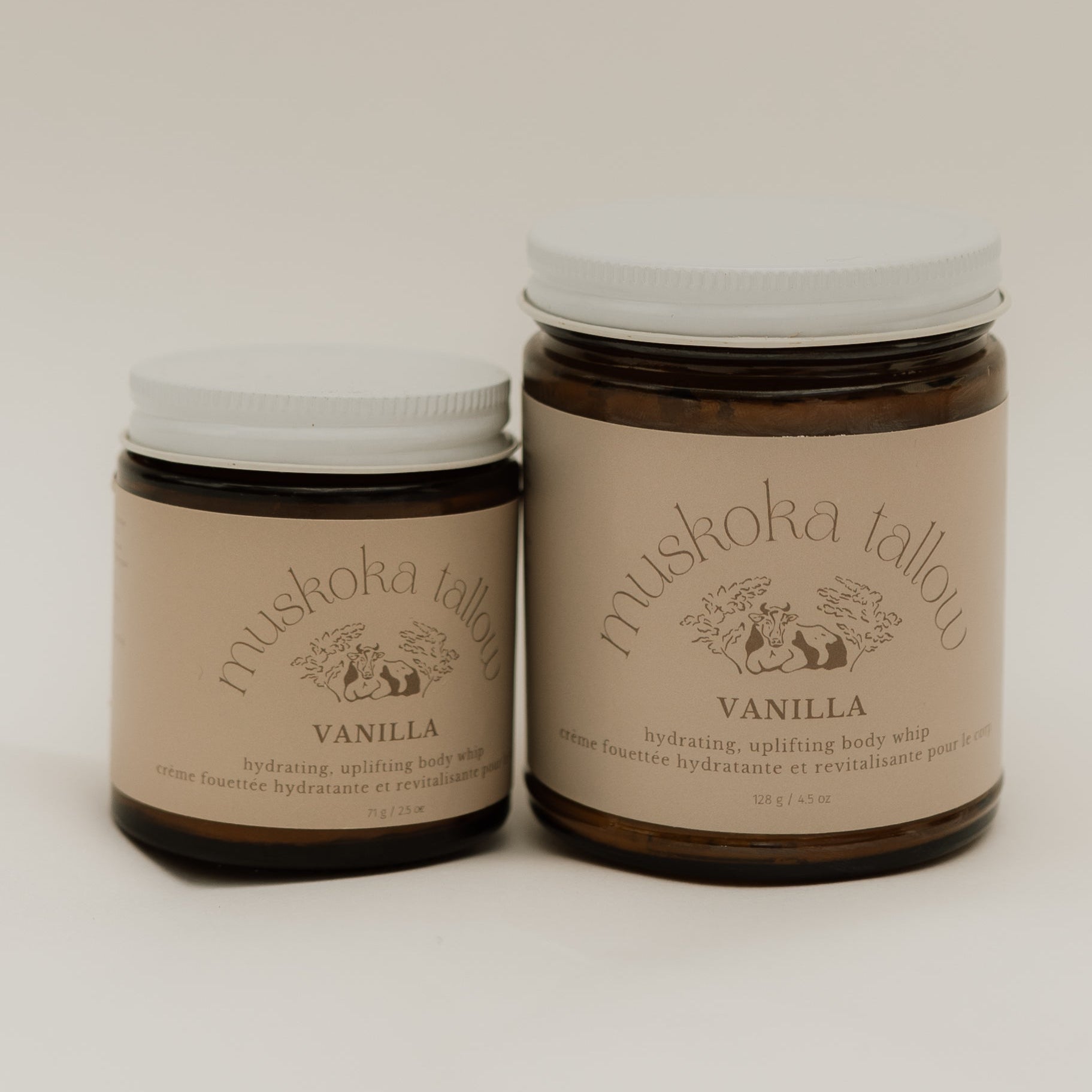 Two jars of Muskoka Tallow Vanilla body wash on a light background