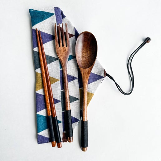 Reusable Handmade Natural Wood Cutlery Set - Blue