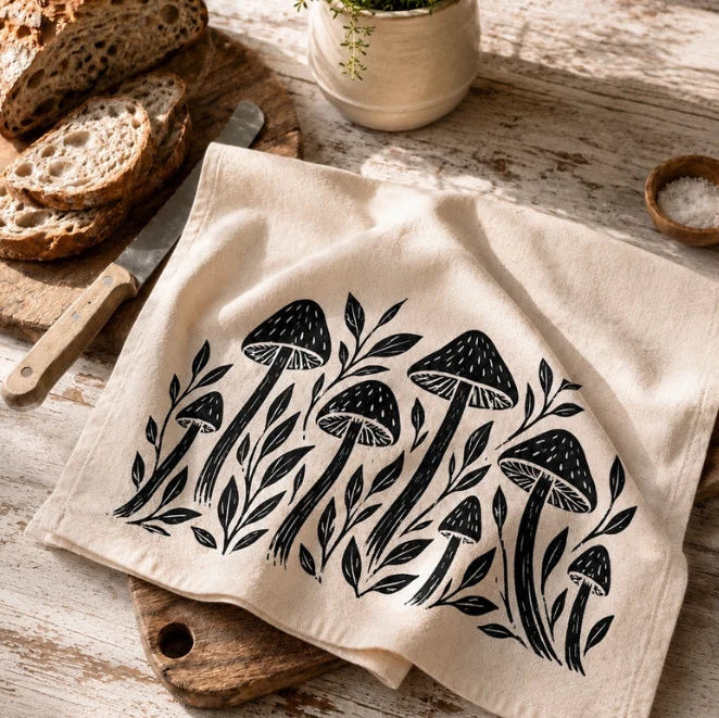 Organic Tea Towel Whimsy Mushrooms