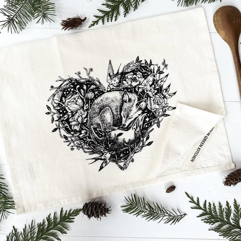 Organic Tea Towel Sleeping Fox Heart