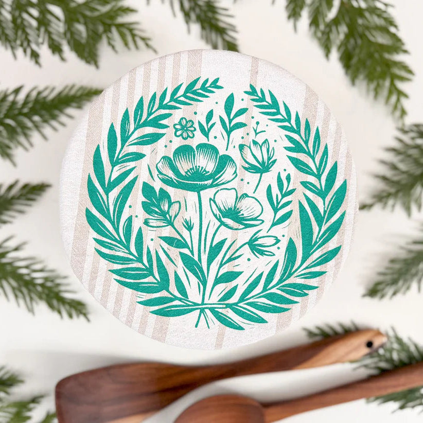 Cloth Bowl Cover Medium Green Floral Stripe