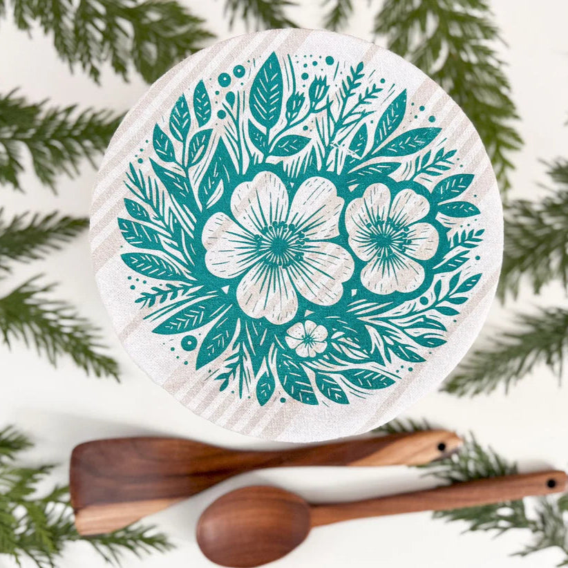 Cloth Bowl Cover Large Teal Floral Stripe