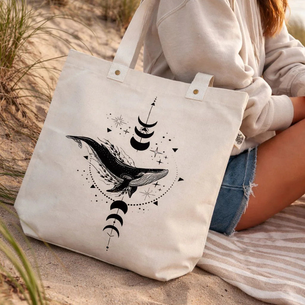 Person sitting on a beach with a tote bag featuring a humpback whale design.