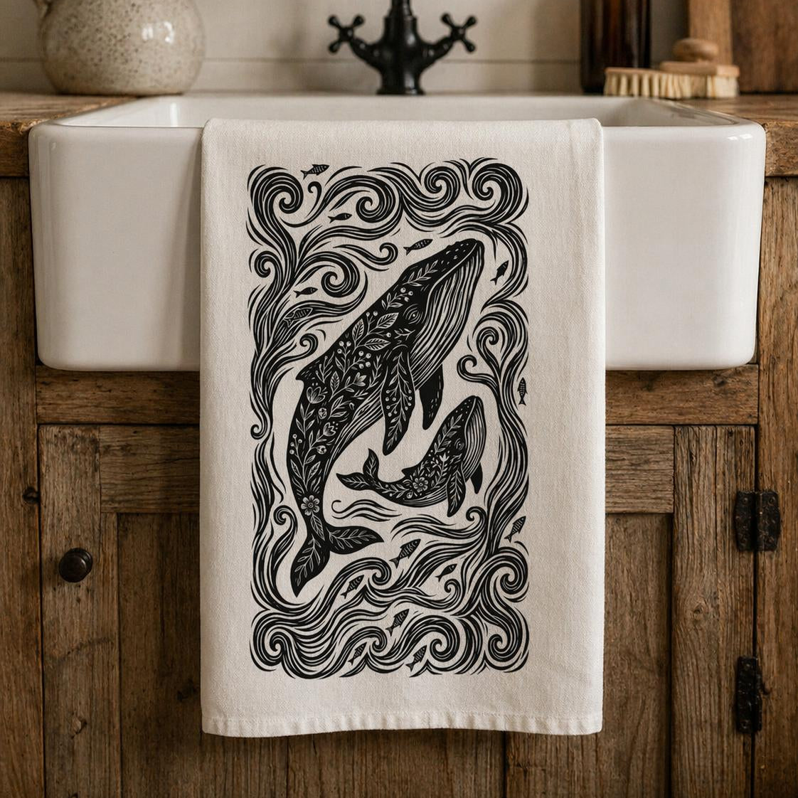 Organic Tea Towel Whale in Waves
