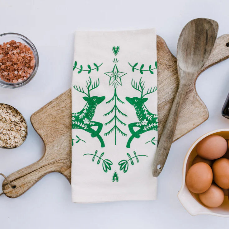 Organic Tea Towel - Green Reindeer *Holiday Edition