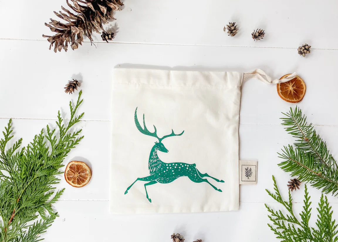 Bag Drawstring Small Green Deer