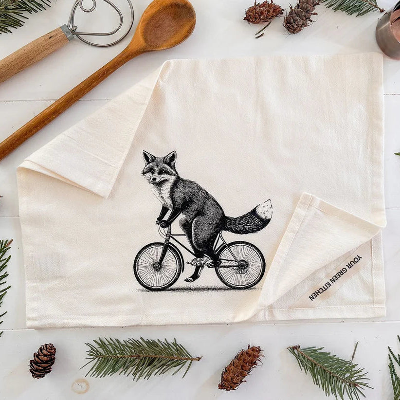 Organic Tea Towel Biking Fox