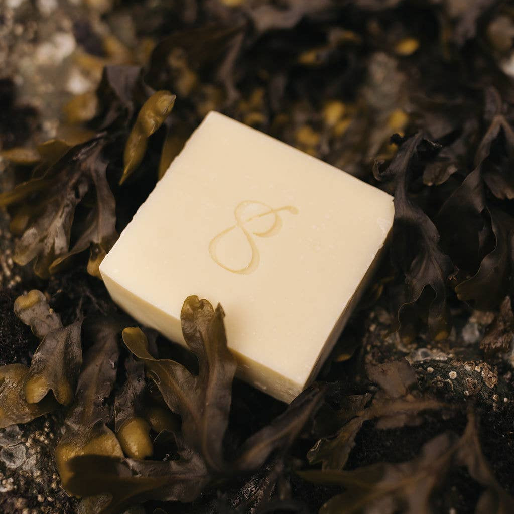 Square bar of soap on a bed of seaweed. Soap stamped with Genesis brand logo.