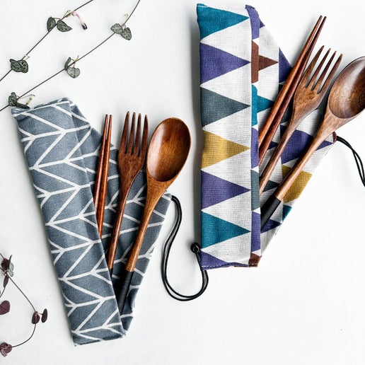 Reusable Handmade Natural Wood Cutlery Set - Beige