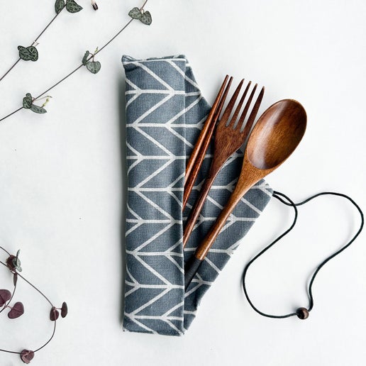 Reusable Handmade Natural Wood Cutlery Set - Grey