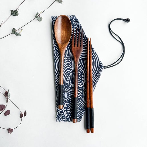 Reusable Handmade Natural Wood Cutlery Set - Blue