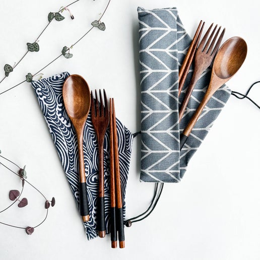 Reusable Handmade Natural Wood Cutlery Set - Blue