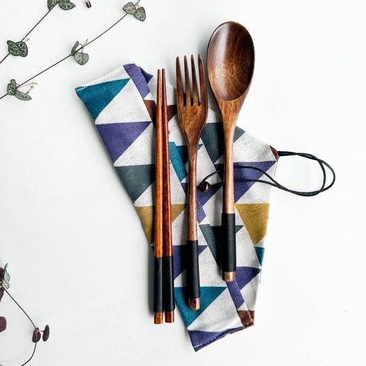 Reusable Handmade Natural Wood Cutlery Set - Beige